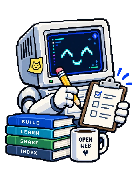 Pixel-art illustration of the INDEX:80 CRT-monitor robot mascot, smiling and taking notes with a pencil while holding a clipboard checklist, next to a stack of BUILD, LEARN, SHARE, INDEX books and an OPEN WEB mug.