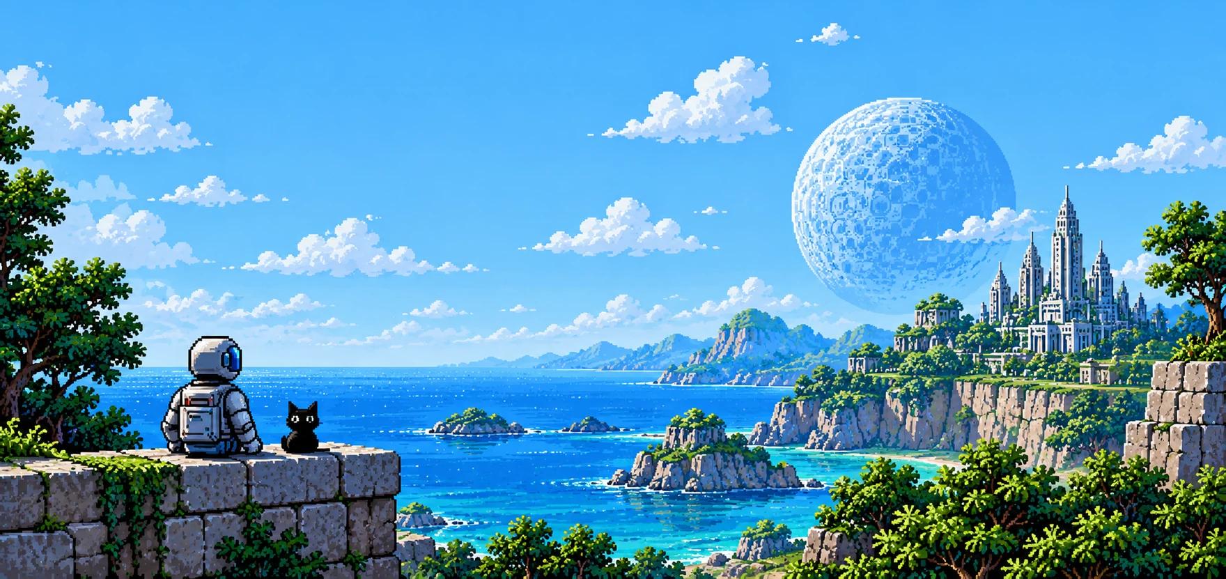 Pixel-art illustration of an astronaut and a black cat sitting on a vine-covered stone wall, looking out over a coastal bay toward a futuristic city and a moon, in the spirit of the original web that INDEX:80 is built for.